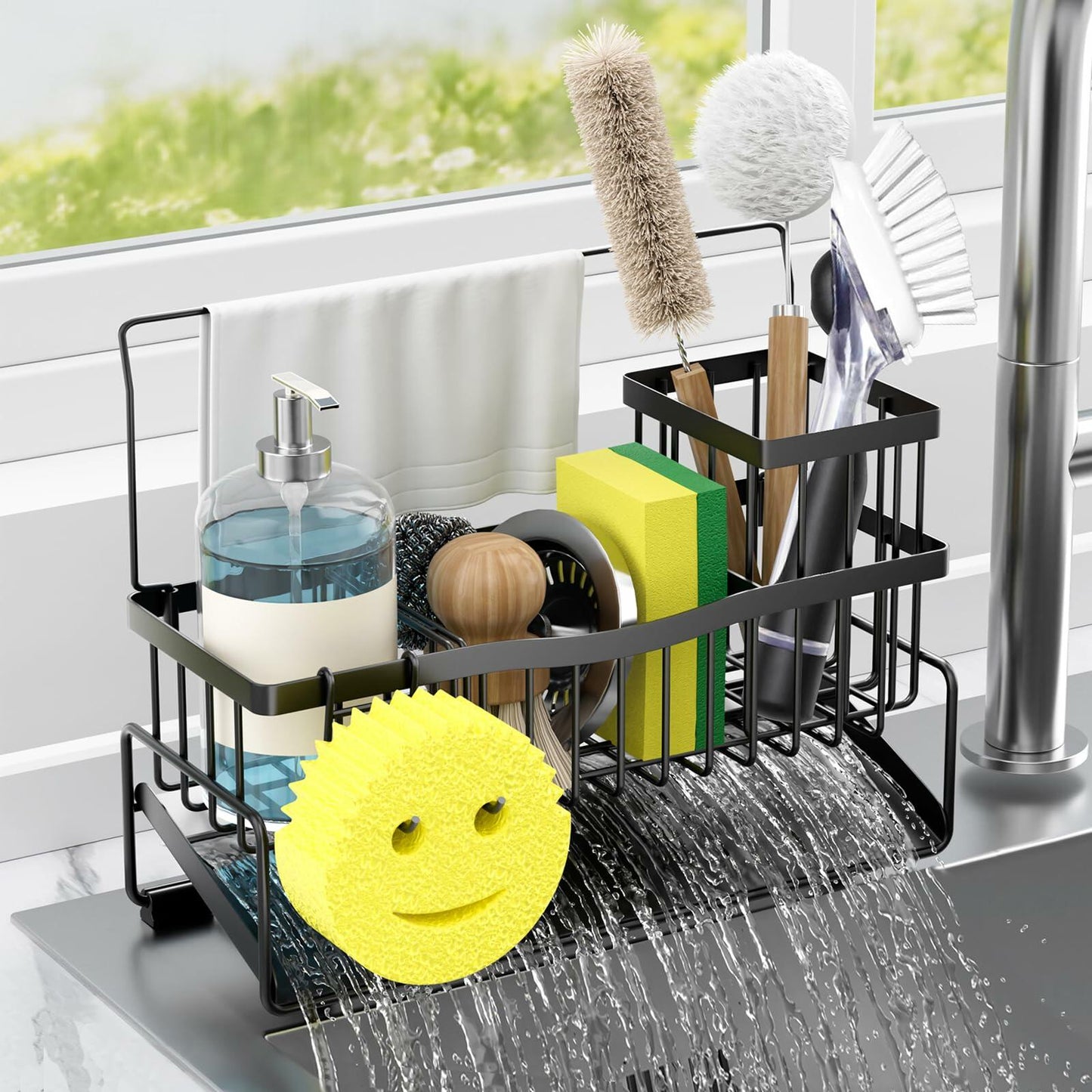 304 Stainless Steel Sponge Holder Kitchen Sink Caddy Black Self-Draining