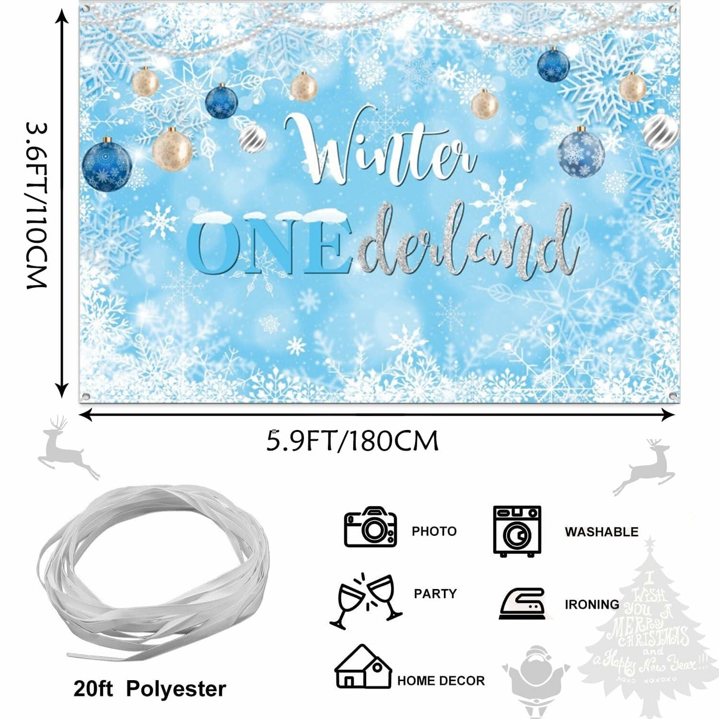 Winter Onederland Birthday Banner Snowflake Blue 70.9x43.3 Inch