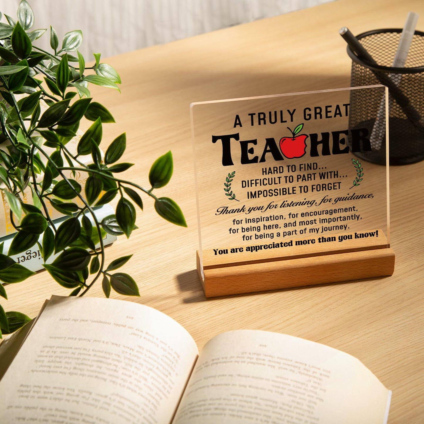 Afterprints Teacher Appreciation Acrylic Plaque with Wooden Base Thank You Gift