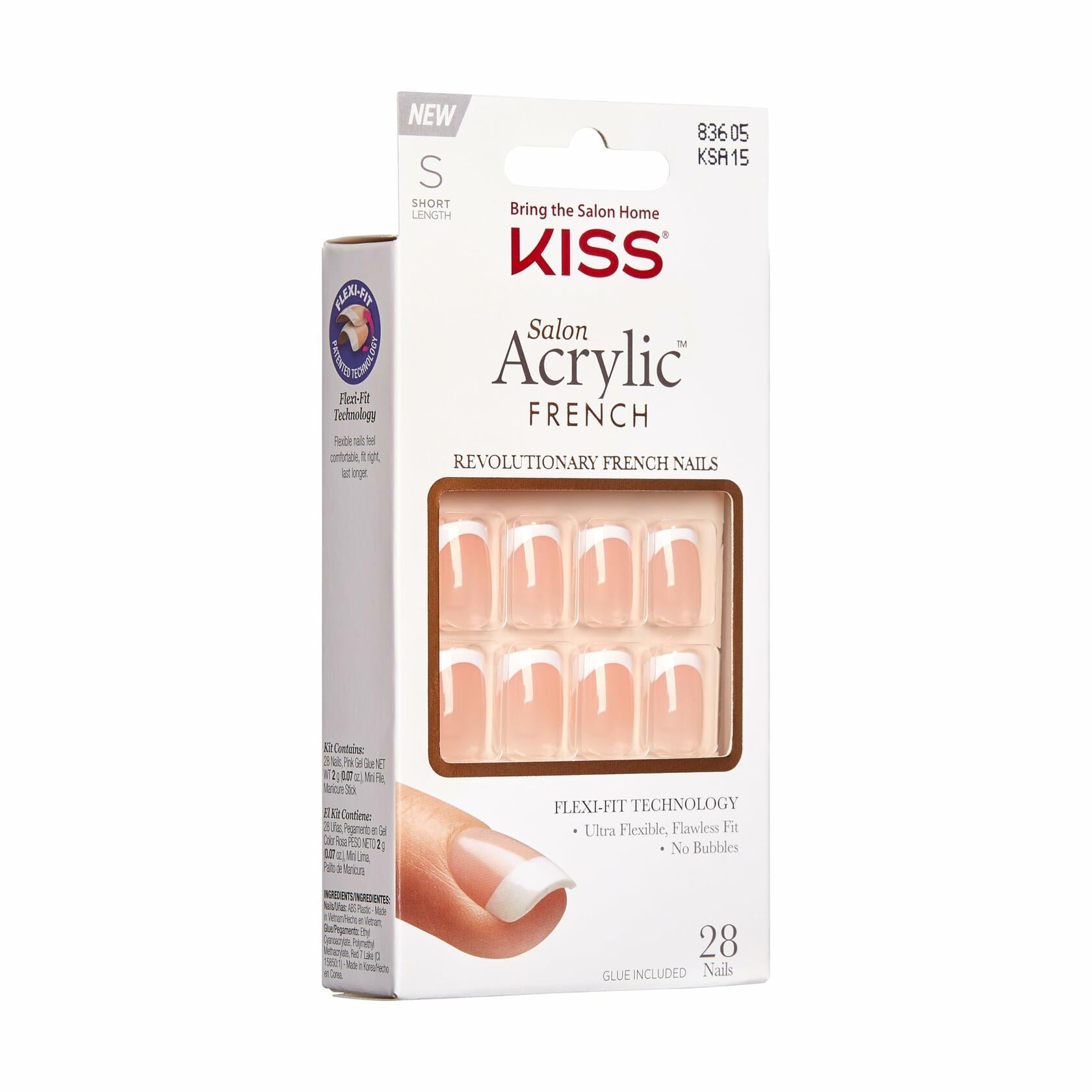 KISS Salon Acrylic Press On Nails Bonjour Nude White 28 Nails Short Squoval