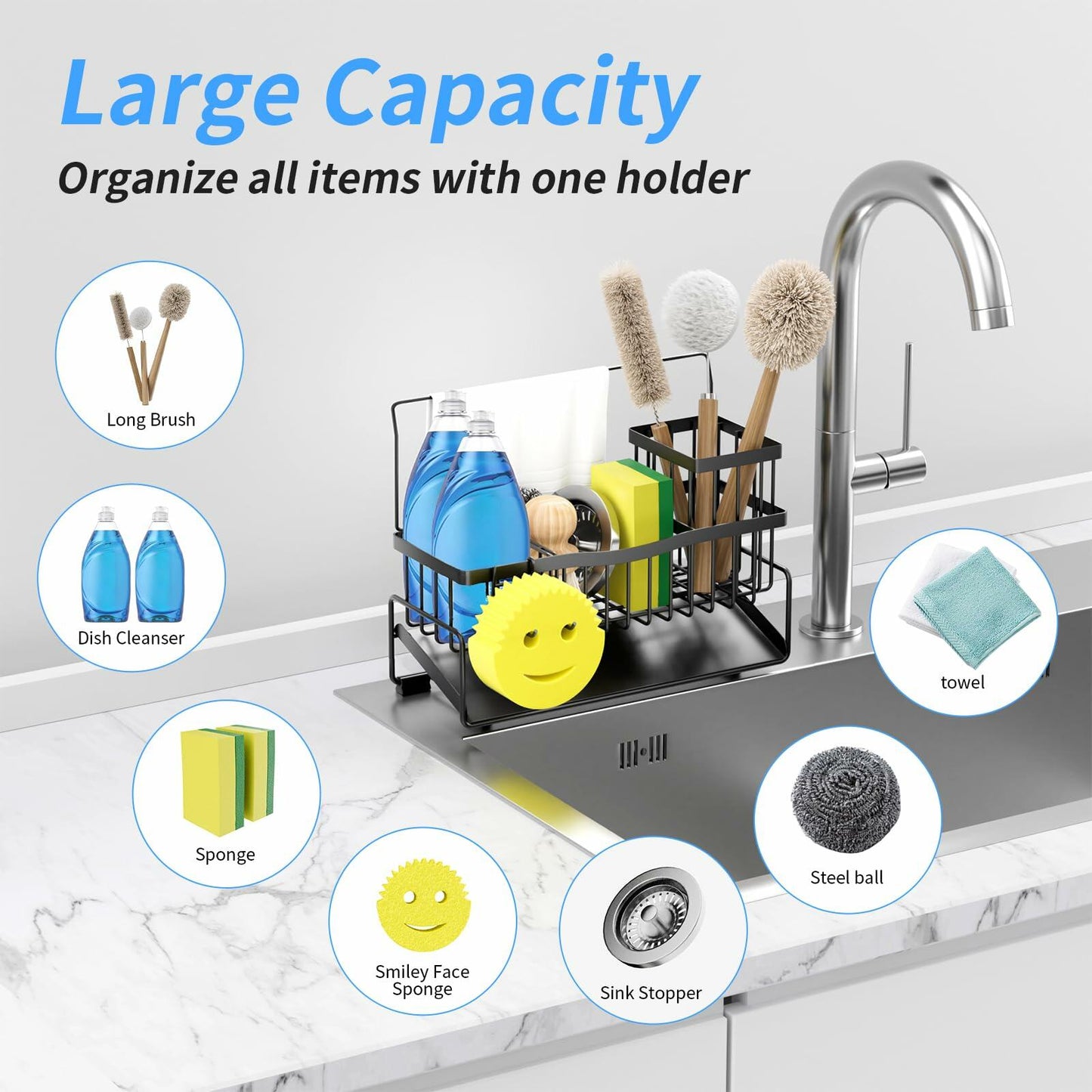 304 Stainless Steel Sponge Holder Kitchen Sink Caddy Black Self-Draining