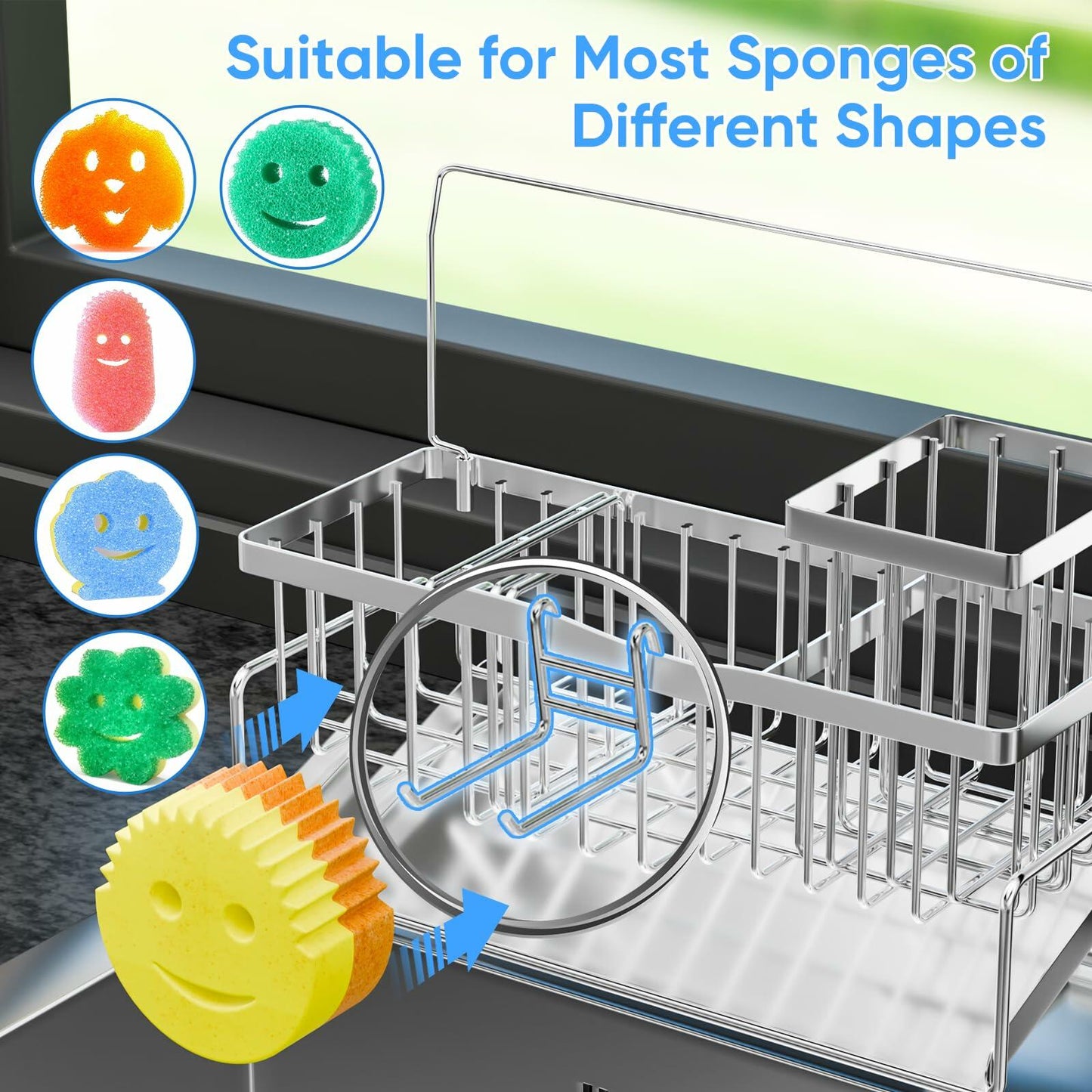 304 Stainless Steel Sponge Holder Kitchen Sink Caddy Black Self-Draining
