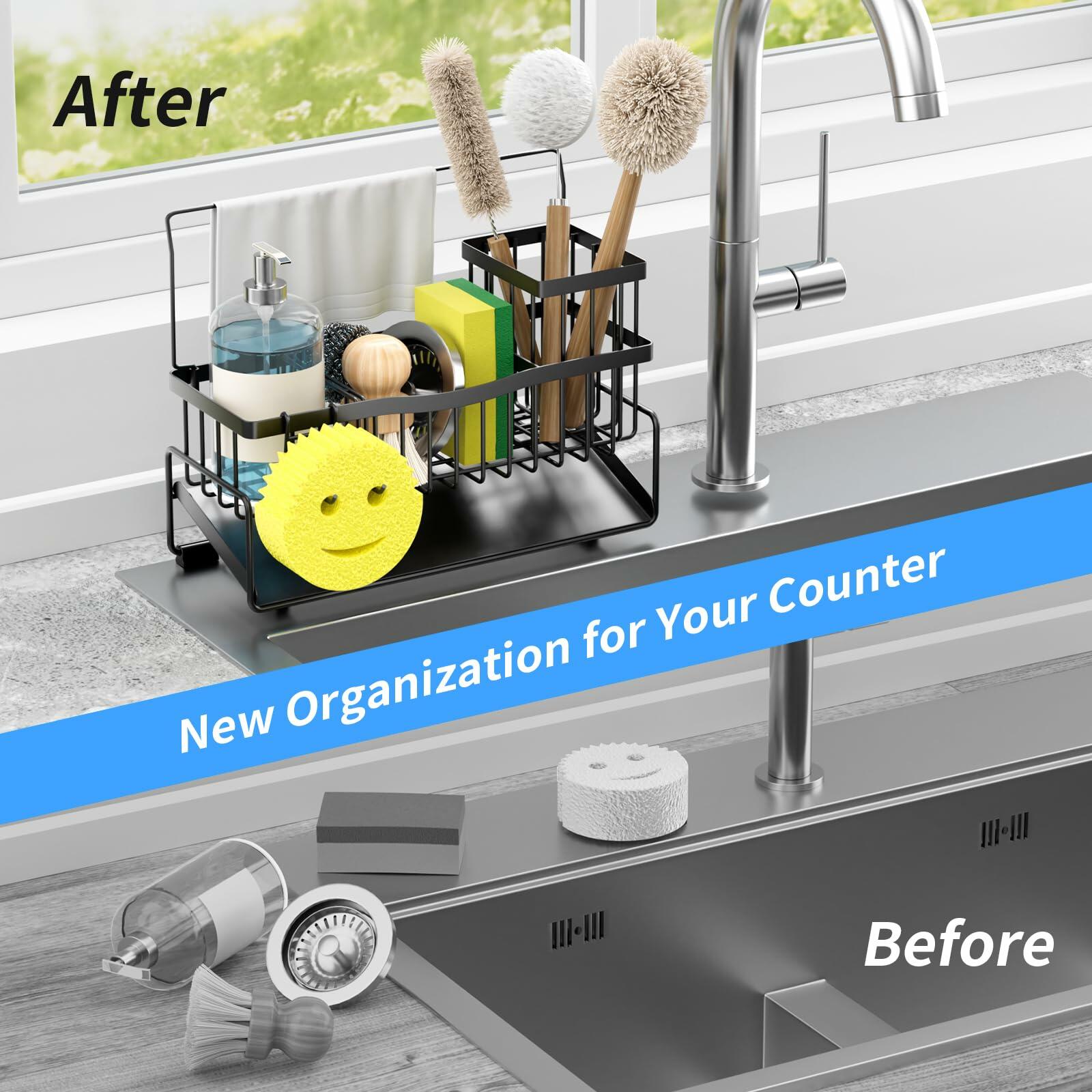 304 Stainless Steel Sponge Holder Kitchen Sink Caddy Black Self-Draining