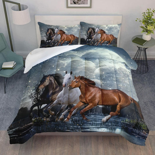 AILONEN Horses Comforter Set Twin Size 3Pcs Evening Running Horses Quilt