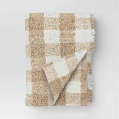 Room Essentials Cozy Woven Check Throw Blanket Neutral White/Cream 50x60