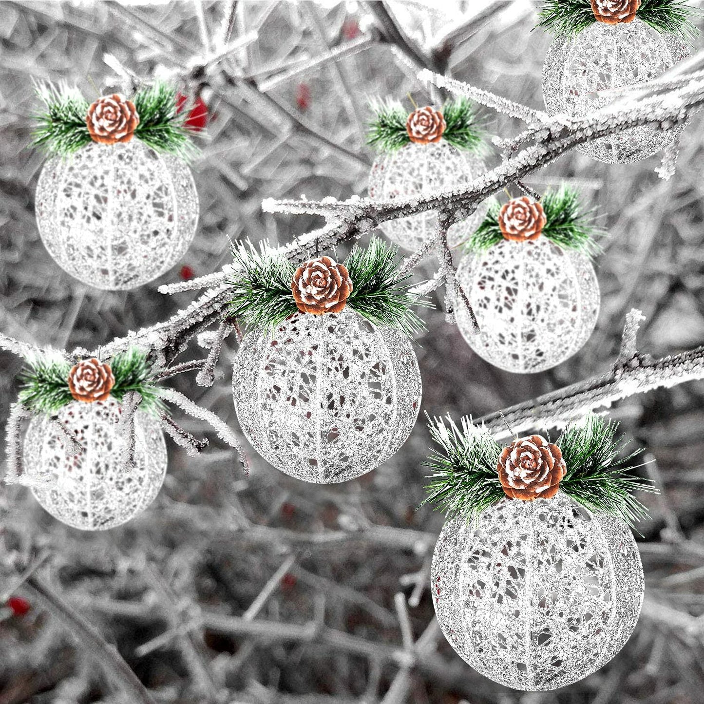 [Like New] ZHANYIGY Christmas Ball Ornaments 4pc Silver Pinecone Rattan String Size S