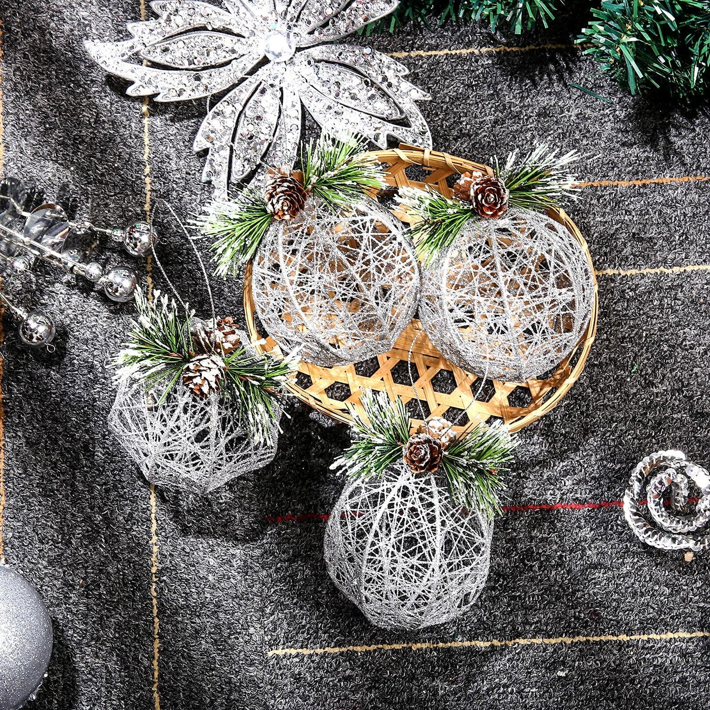 [Like New] ZHANYIGY Christmas Ball Ornaments 4pc Silver Pinecone Rattan String Size S