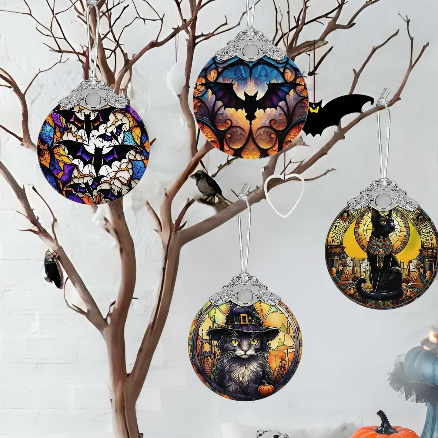 [Like New] Black Cat with Hat Stained Glass Christmas Ornament Holiday Decoration