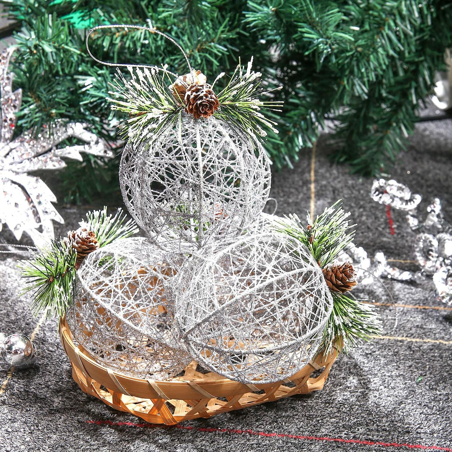 [Like New] ZHANYIGY Christmas Ball Ornaments 4pc Silver Pinecone Rattan String Size S