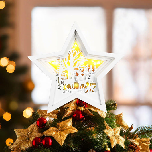 Rustic Wooden Christmas Reindeer Tree Topper Lighted Star 11x11 Inch