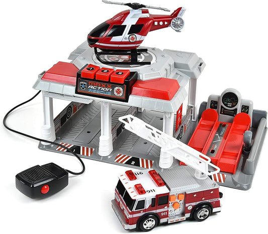 Sunny Days Fire and Rescue Garage Light & Sounds Toy Set with Helicopter & Truck