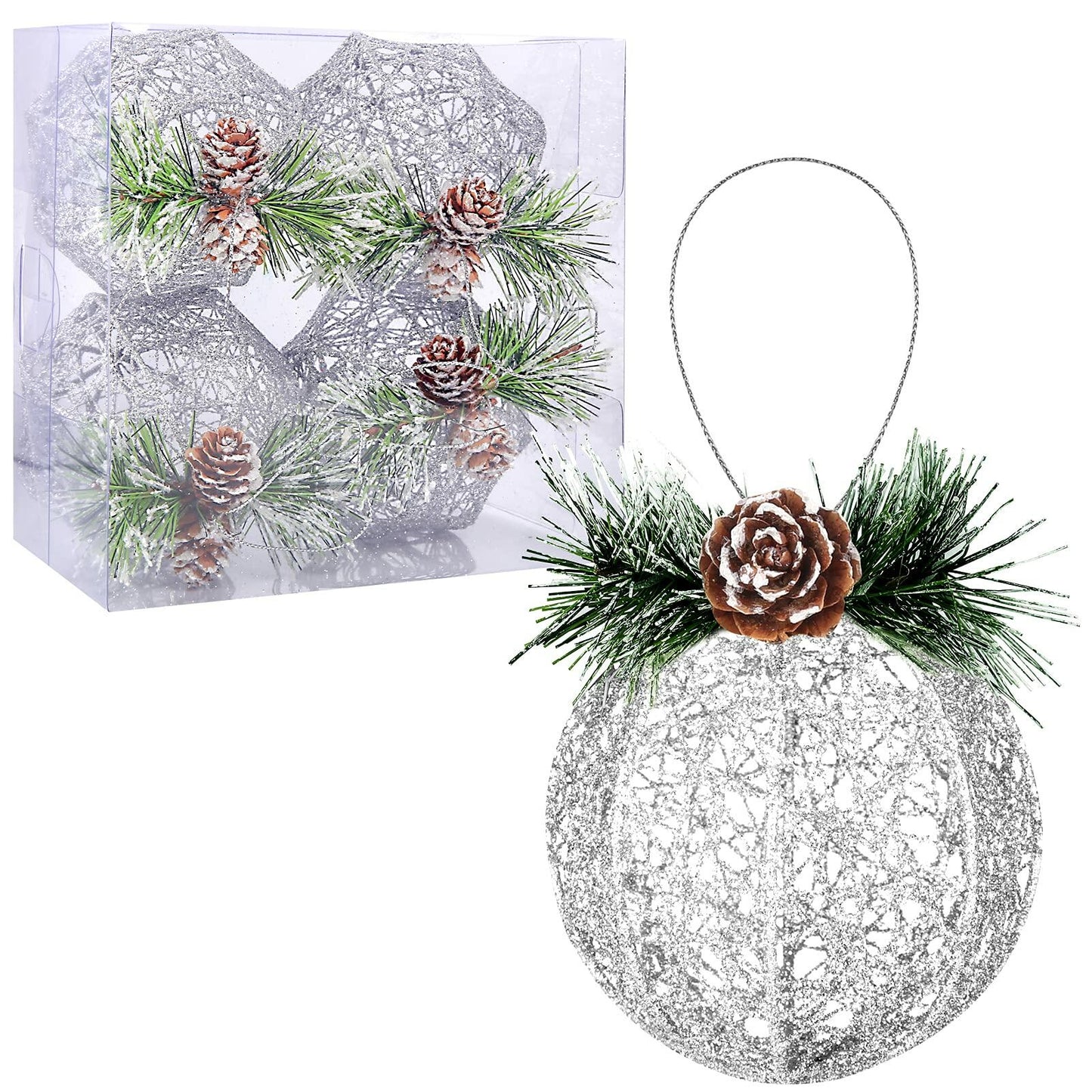 [Like New] ZHANYIGY Christmas Ball Ornaments 4pc Silver Pinecone Rattan String Size S