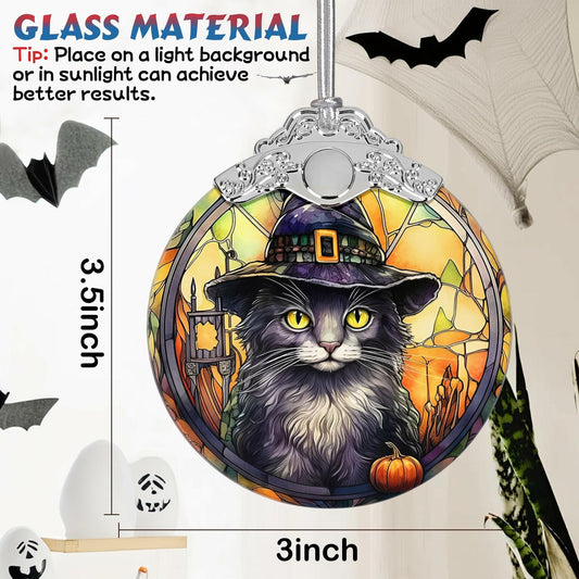 [Like New] Black Cat with Hat Stained Glass Christmas Ornament Holiday Decoration