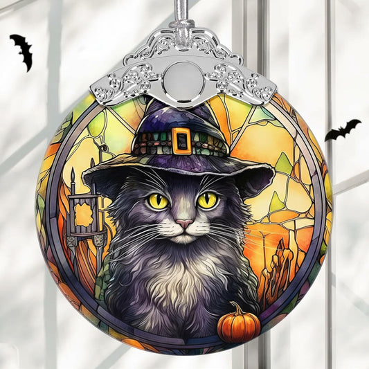 [Like New] Black Cat with Hat Stained Glass Christmas Ornament Holiday Decoration