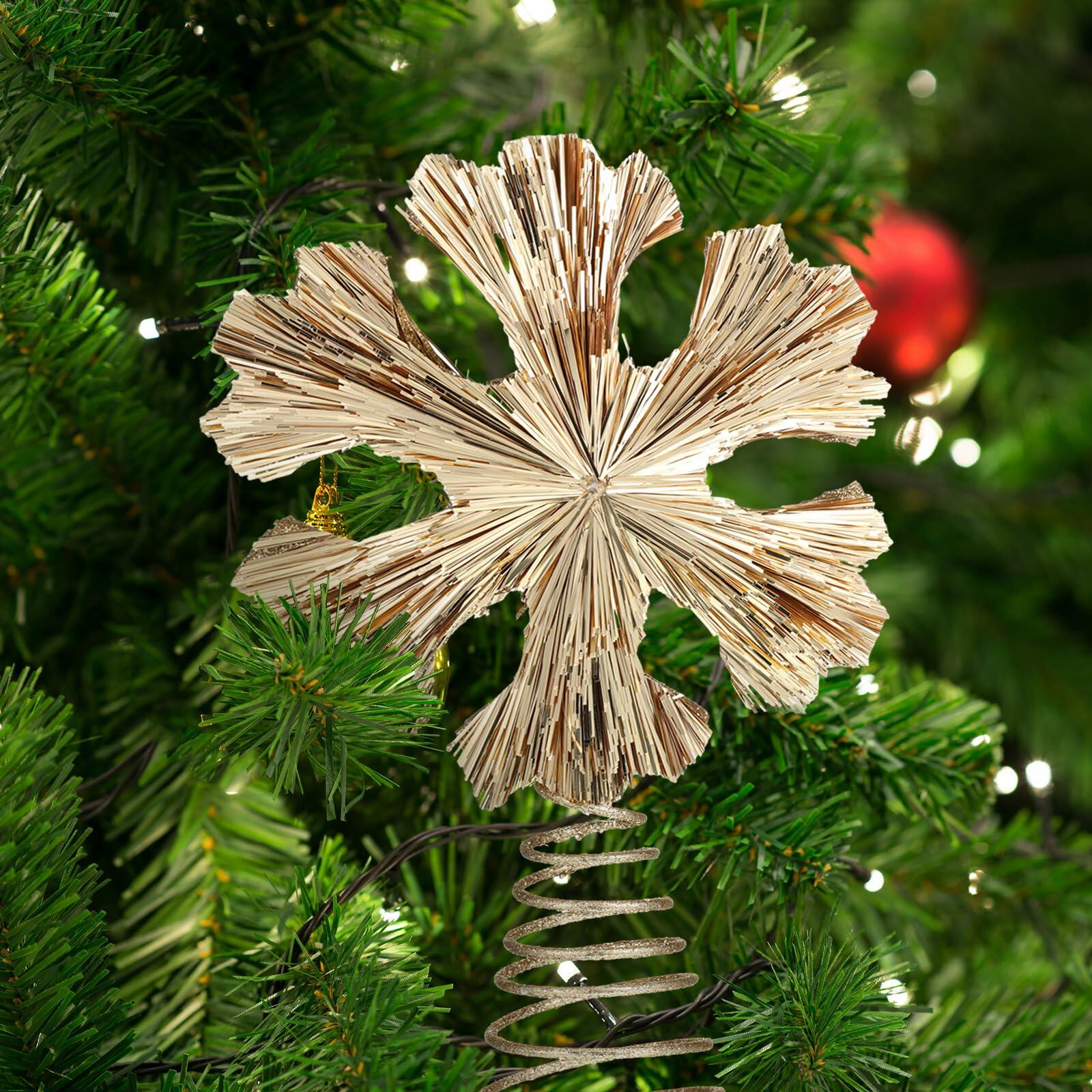 Cinnvoice Snowflake Christmas Tree Topper 11" Champagne Gold Glitter