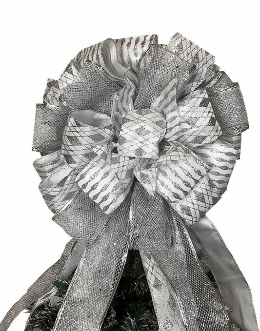 Handmade Christmas Tree Bow Topper Large Silver 27x12 Inches
