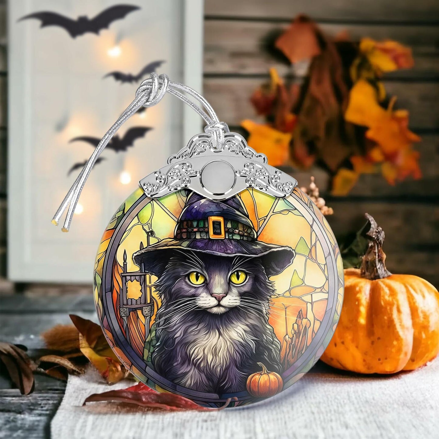 [Like New] Black Cat with Hat Stained Glass Christmas Ornament Holiday Decoration