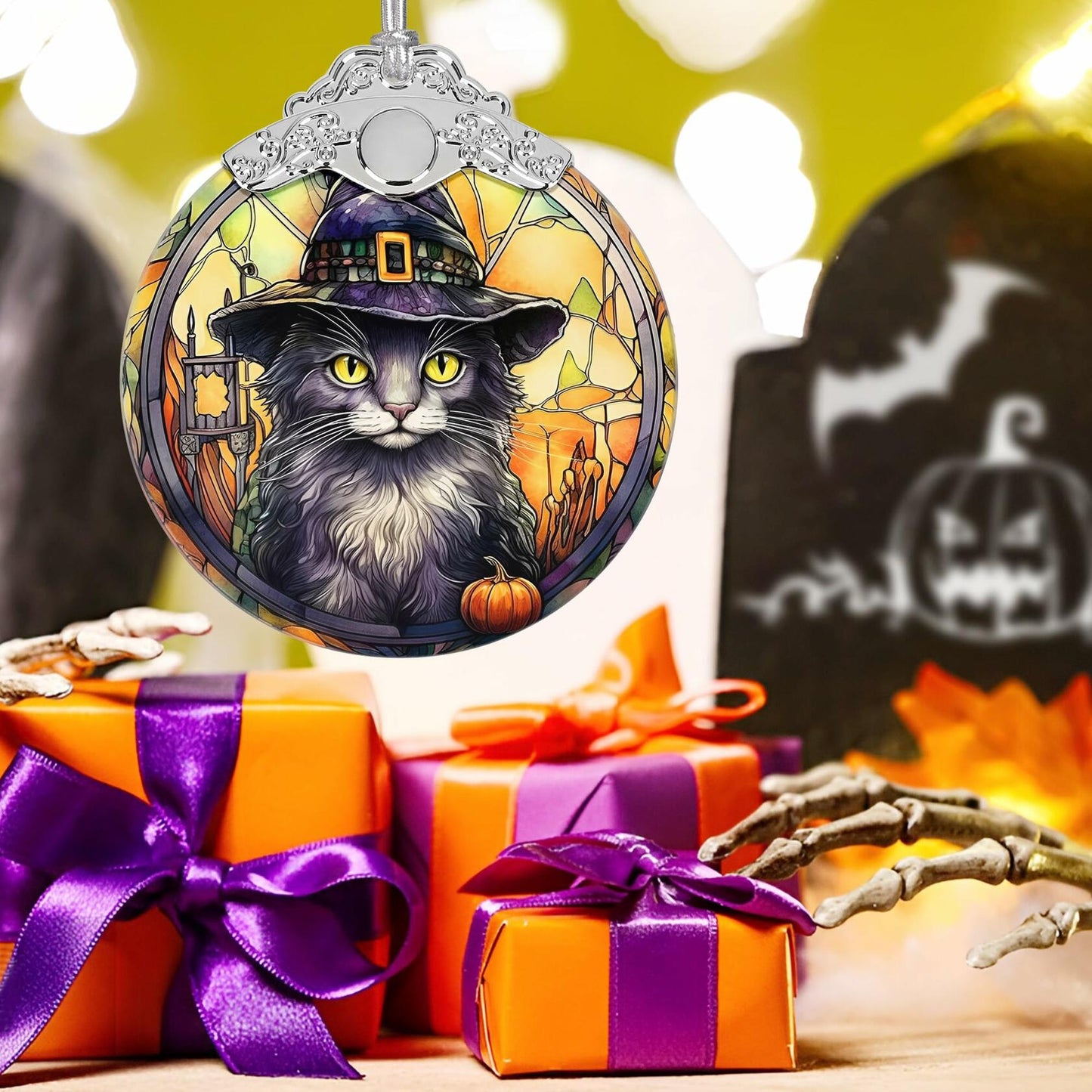 [Like New] Black Cat with Hat Stained Glass Christmas Ornament Holiday Decoration