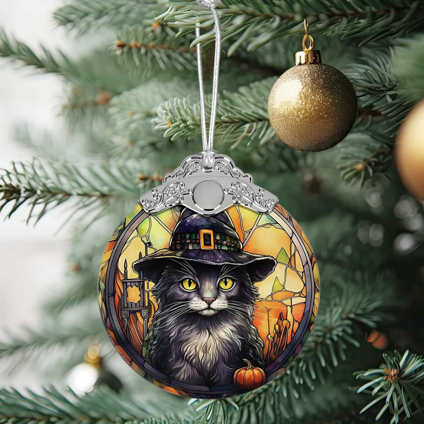 [Like New] Black Cat with Hat Stained Glass Christmas Ornament Holiday Decoration
