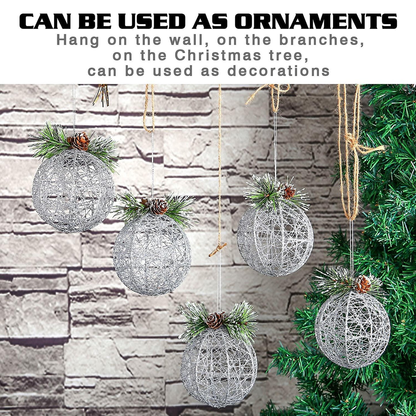 [Like New] ZHANYIGY Christmas Ball Ornaments 4pc Silver Pinecone Rattan String Size S