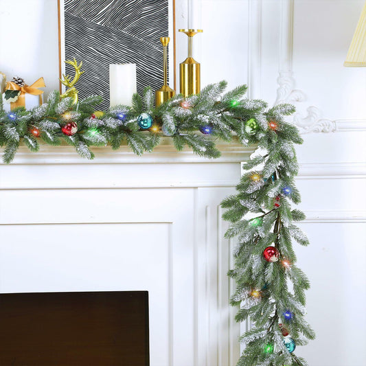 Chuangdi 9FT Flocked Cedar Garland with 50 LED Lights Frosted Pine