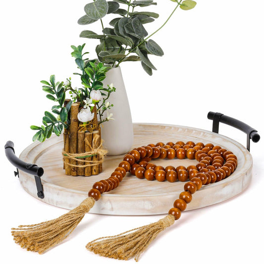 Round Wood Tray with Wood Bead Garland 13" Decorative Tray with Handles