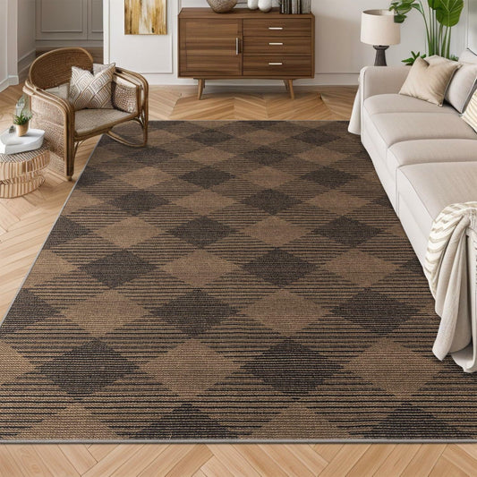 YIHOUSE Checkered Jute Rug 8x10 Brown Black Non Slip Indoor Outdoor