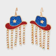 Americana Cowboy Hat Rhinestone Drop Earrings Red White Blue