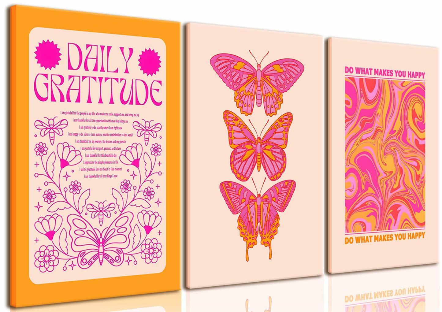 Preppy Daily Gratitude Wall Art Set of 3 Pink Orange Butterfly 12x16in