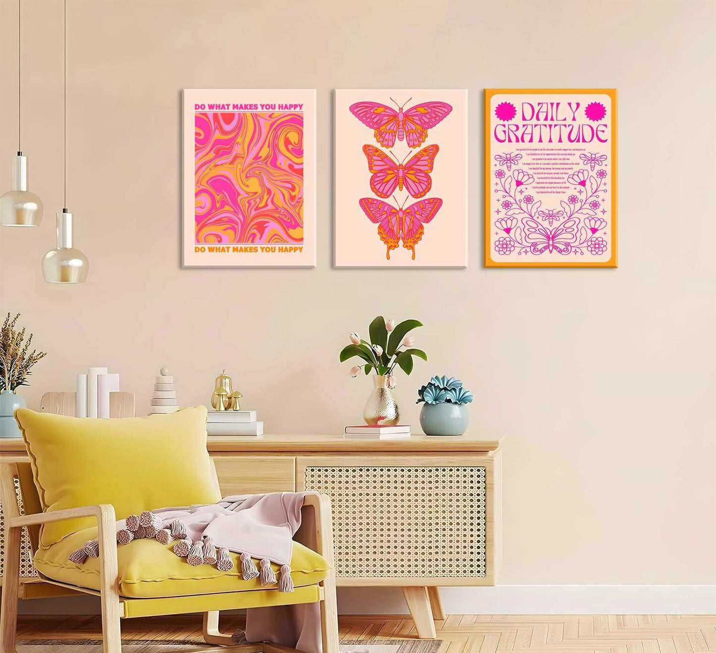 Preppy Daily Gratitude Wall Art Set of 3 Pink Orange Butterfly 12x16in