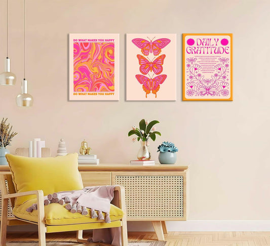 Preppy Daily Gratitude Wall Art Set of 3 Pink Orange Butterfly 12x16in