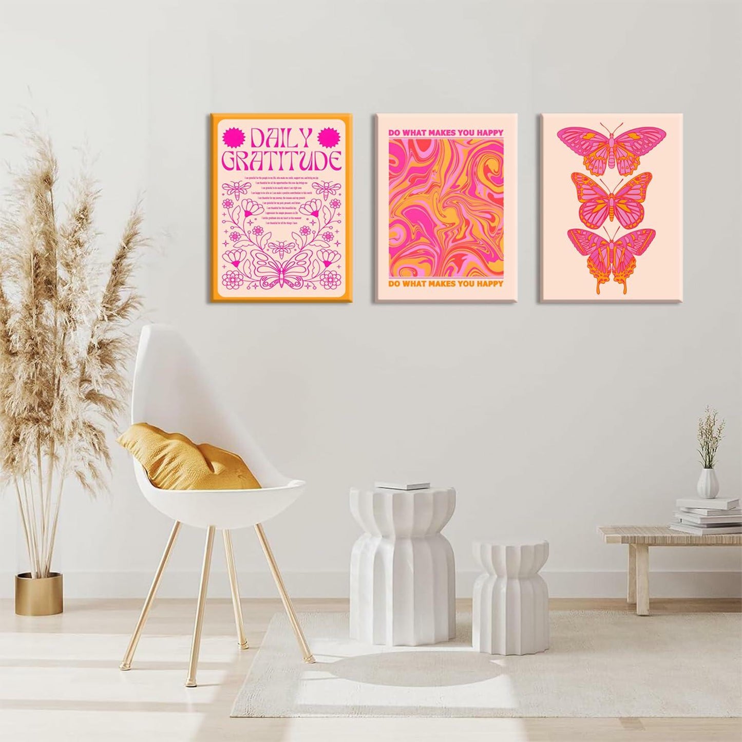 Preppy Daily Gratitude Wall Art Set of 3 Pink Orange Butterfly 12x16in