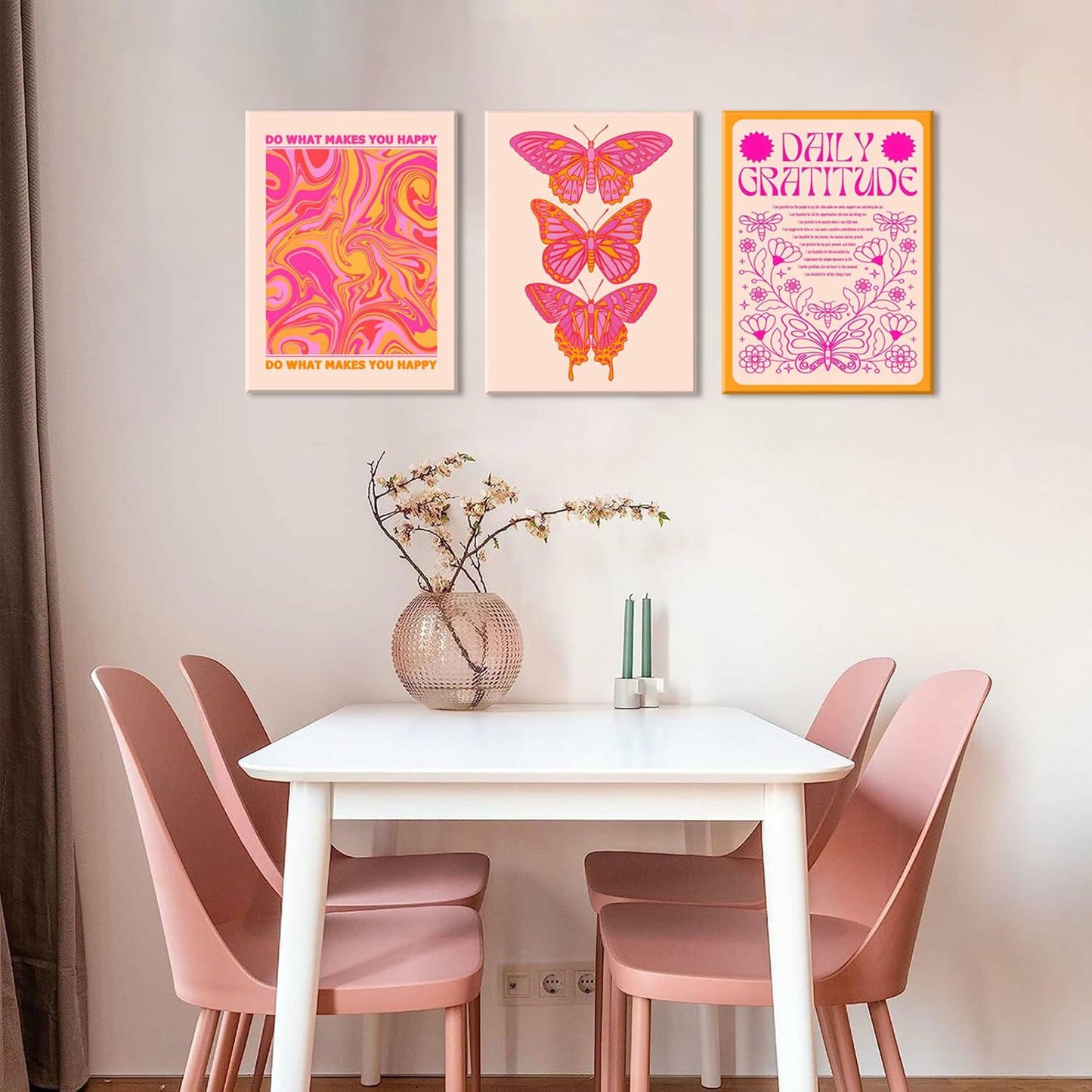 Preppy Daily Gratitude Wall Art Set of 3 Pink Orange Butterfly 12x16in