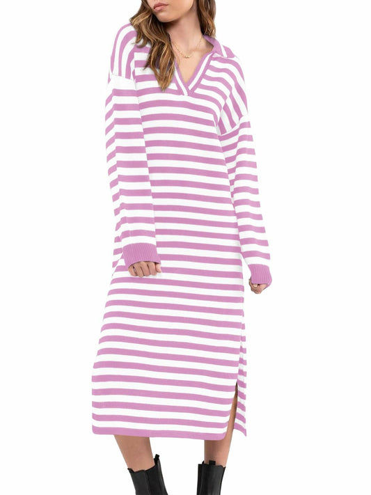 Yousify Womens Striped Long Sleeve V Neck Collared Maxi Sweater Dress Purple L