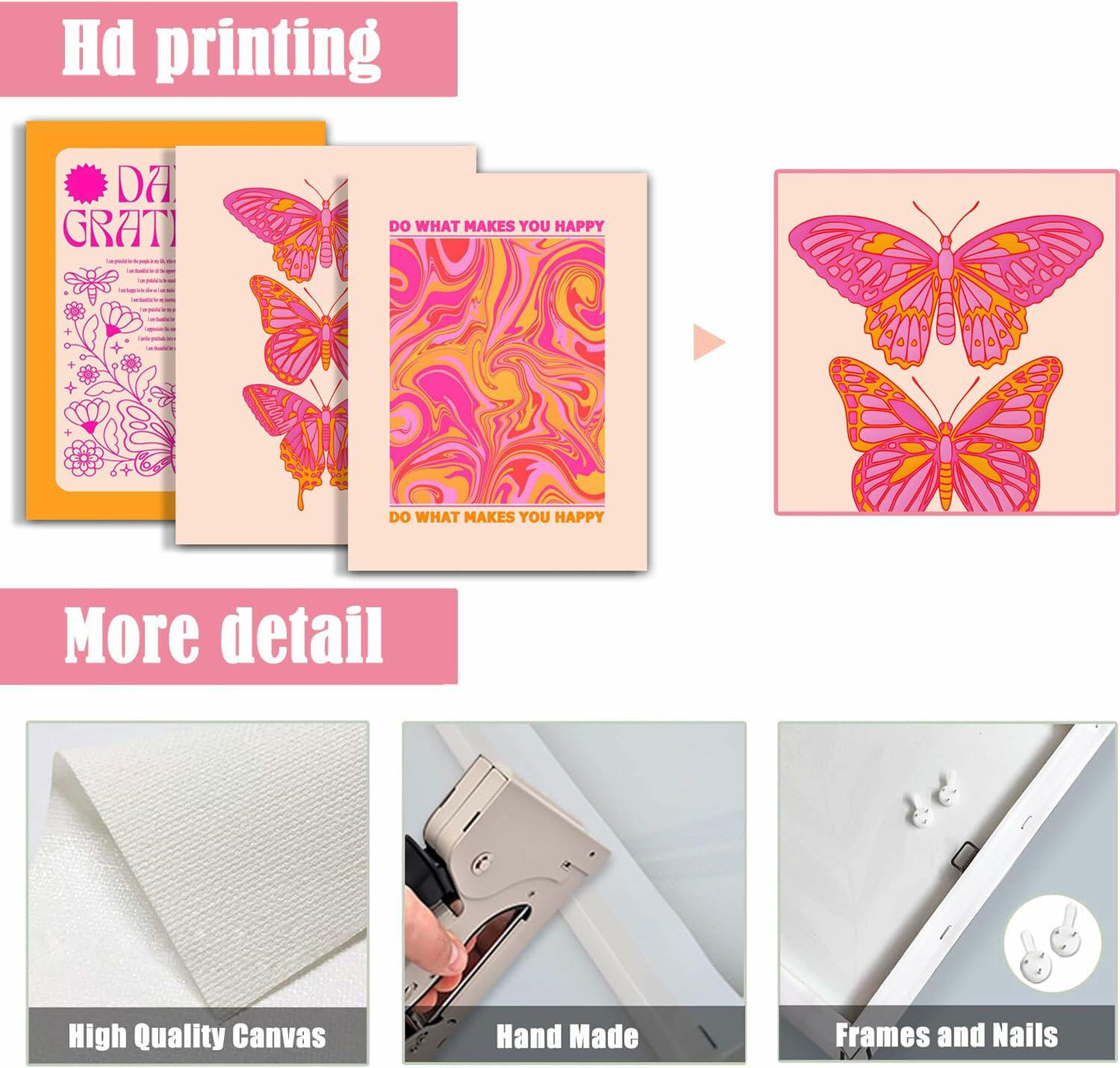Preppy Daily Gratitude Wall Art Set of 3 Pink Orange Butterfly 12x16in