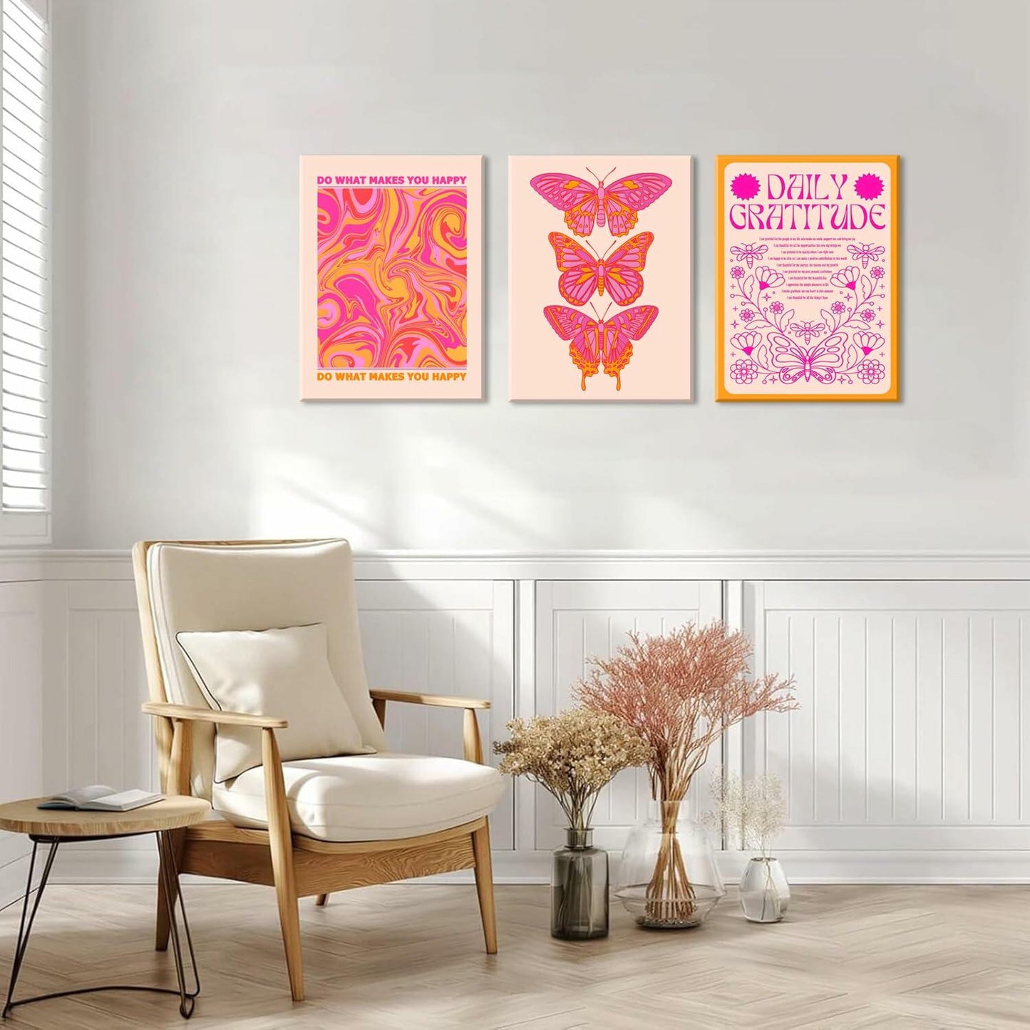 Preppy Daily Gratitude Wall Art Set of 3 Pink Orange Butterfly 12x16in