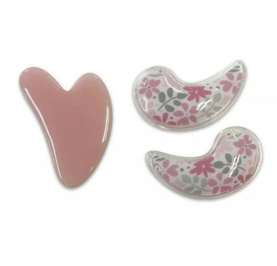Tiger Eye gua sha + floral cooling eye patches, Pink 3-piece set