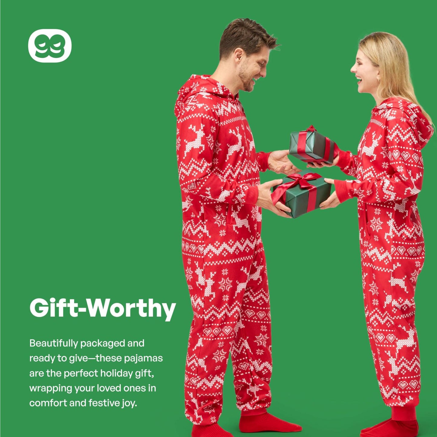 Giggling Getup Women Christmas Pajamas Hooded Nordic Print Red Size L