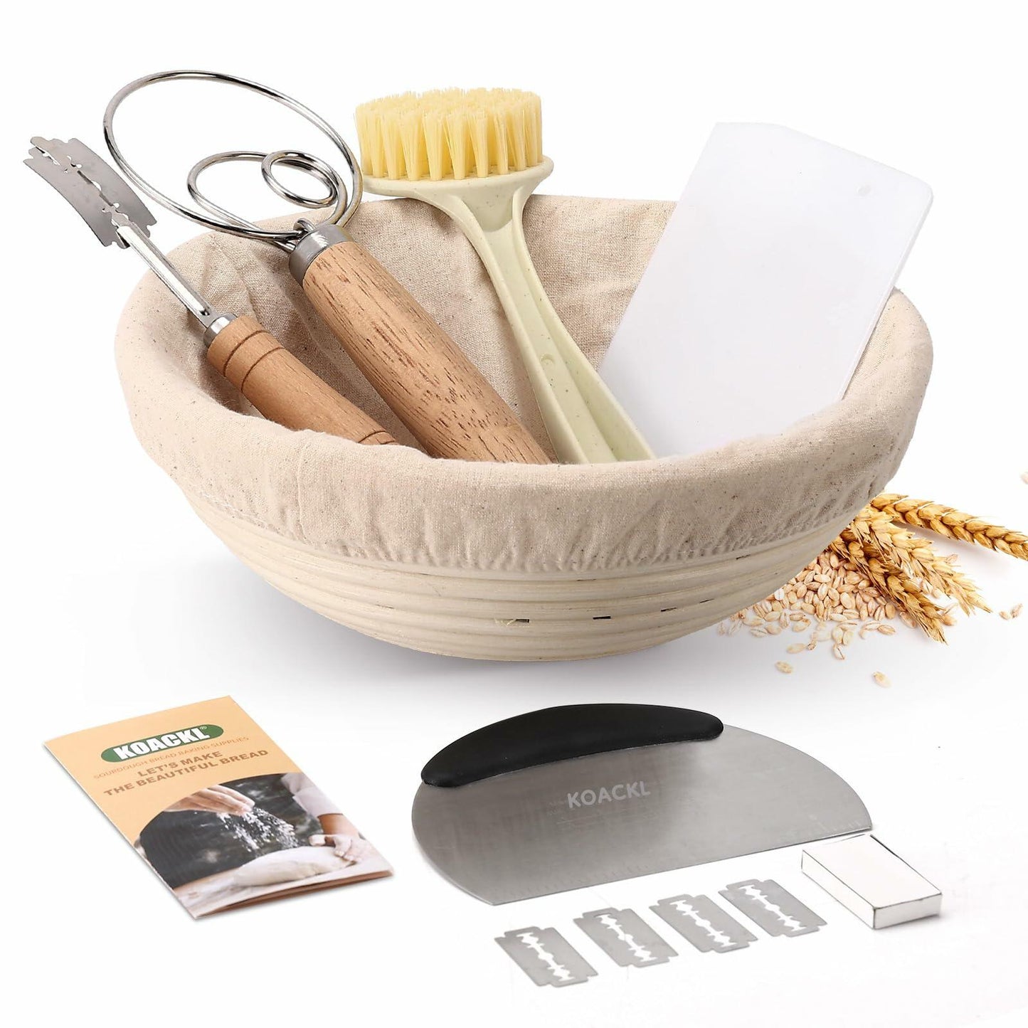 Koackl Sourdough Starter Kit 9" Banneton Basket Cloth Liners Baking Supplies