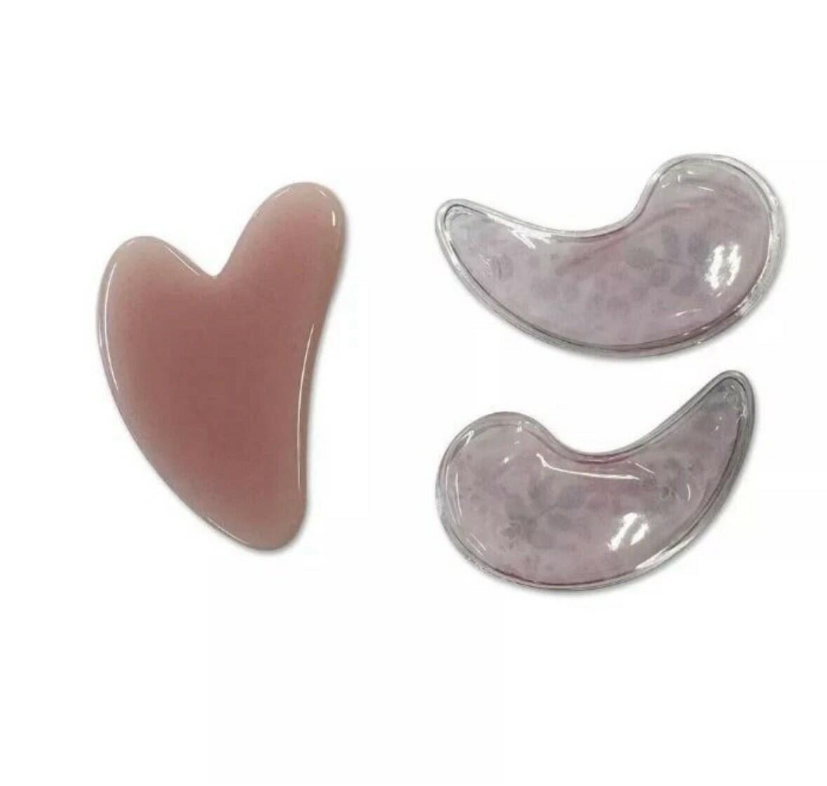 Tiger Eye gua sha + floral cooling eye patches, Pink 3-piece set