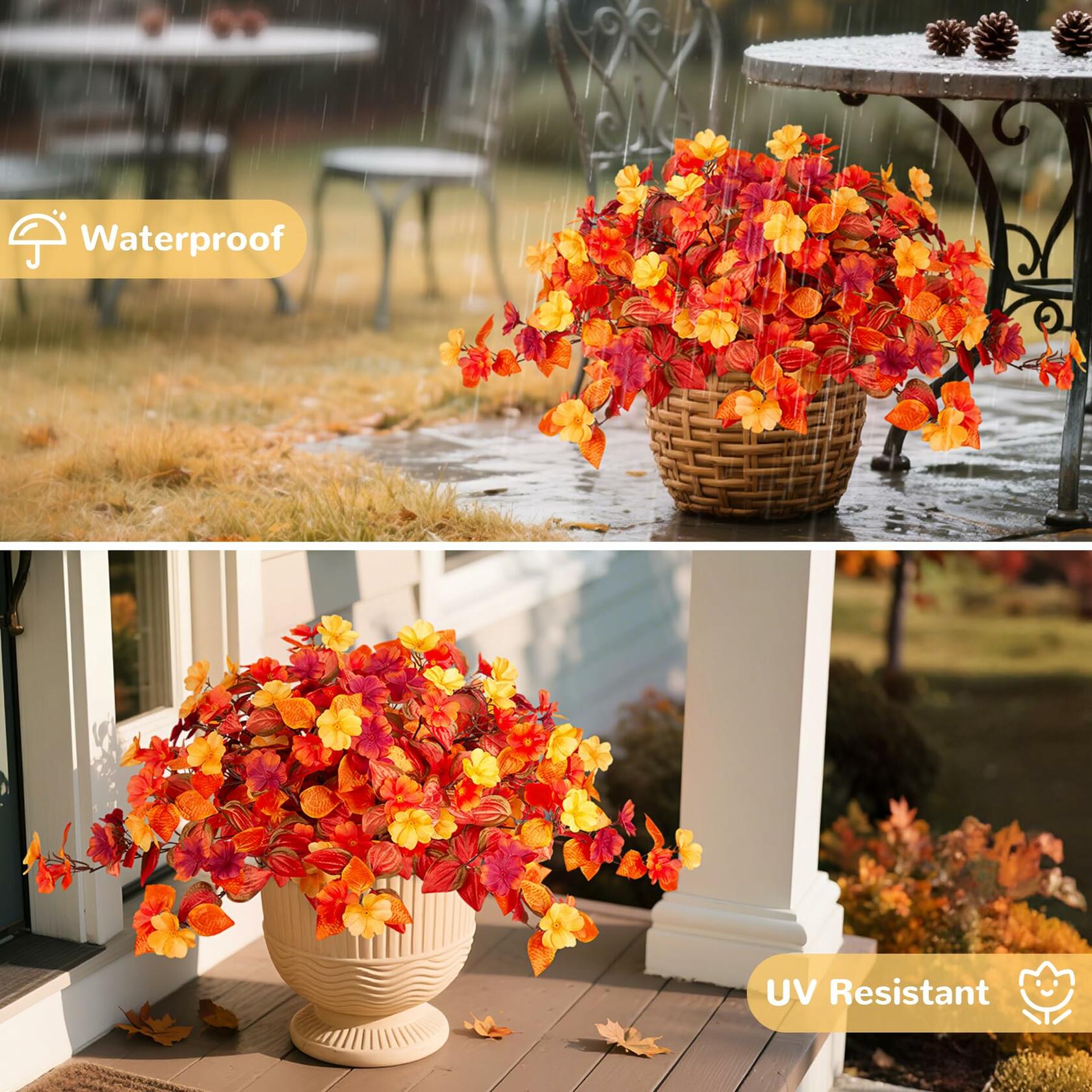 INXUGAO Artificial Fall Flowers 2PCS Faux Silk Orange Red Yellow UV Resistant