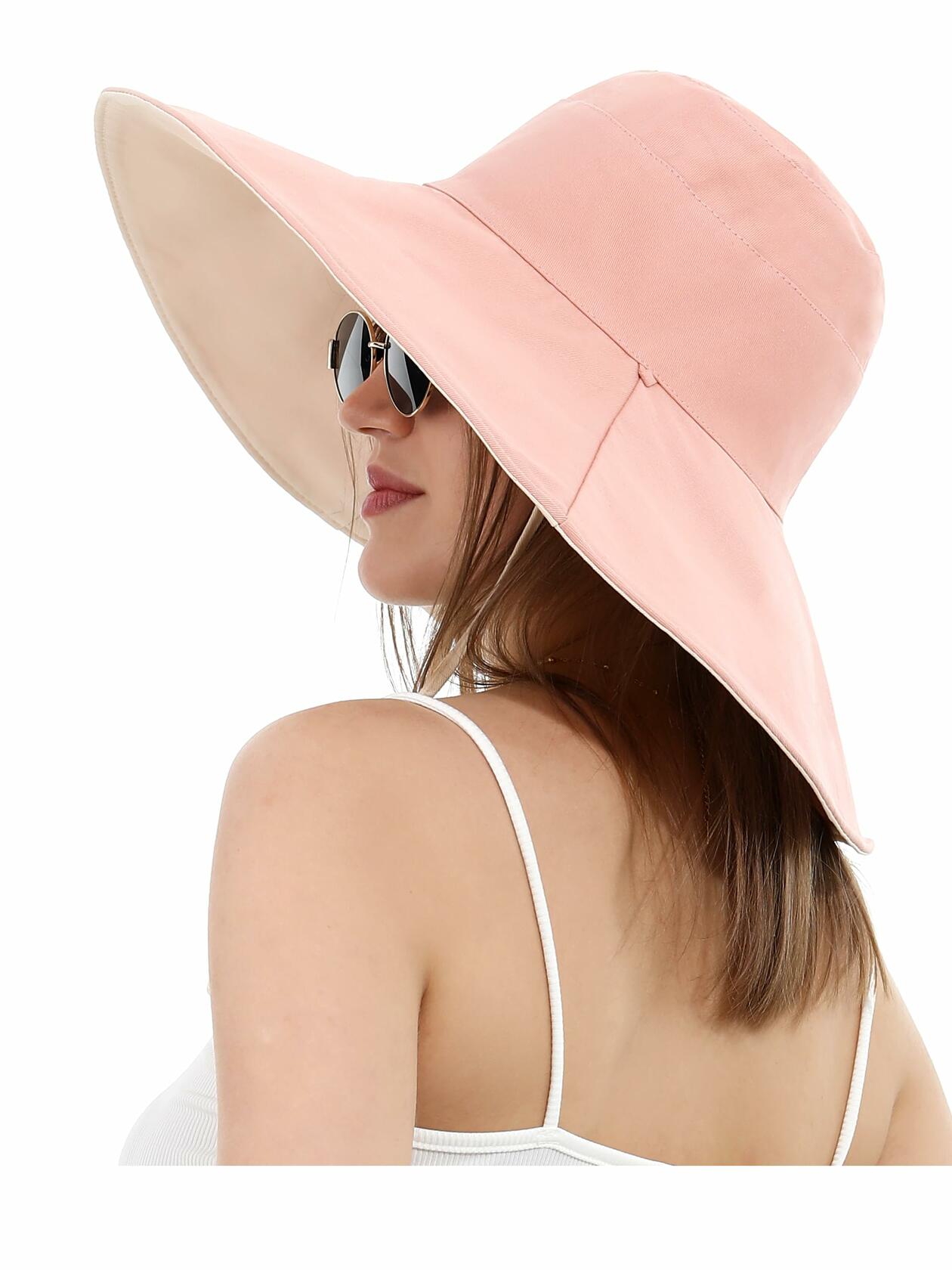 Rulala Fancy Sun Hat Women Wide Brim Reversible UV Protection Cotton Pink