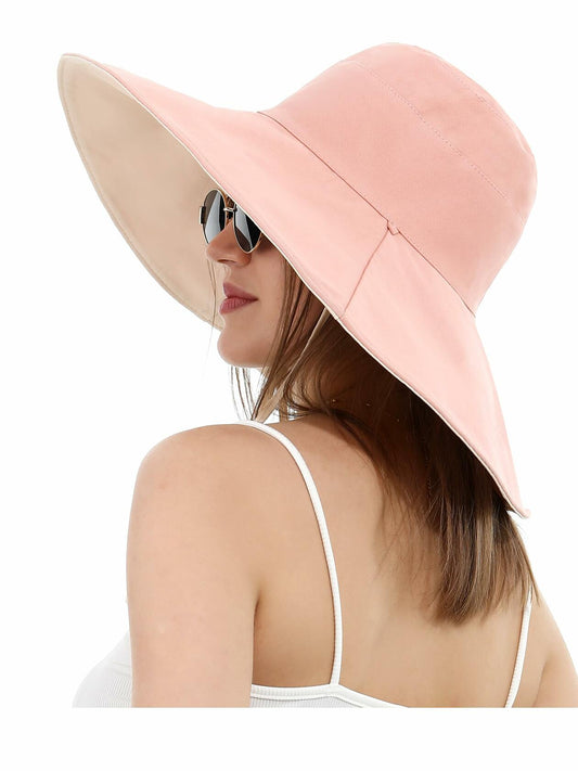Rulala Fancy Sun Hat Women Wide Brim Reversible UV Protection Cotton Pink