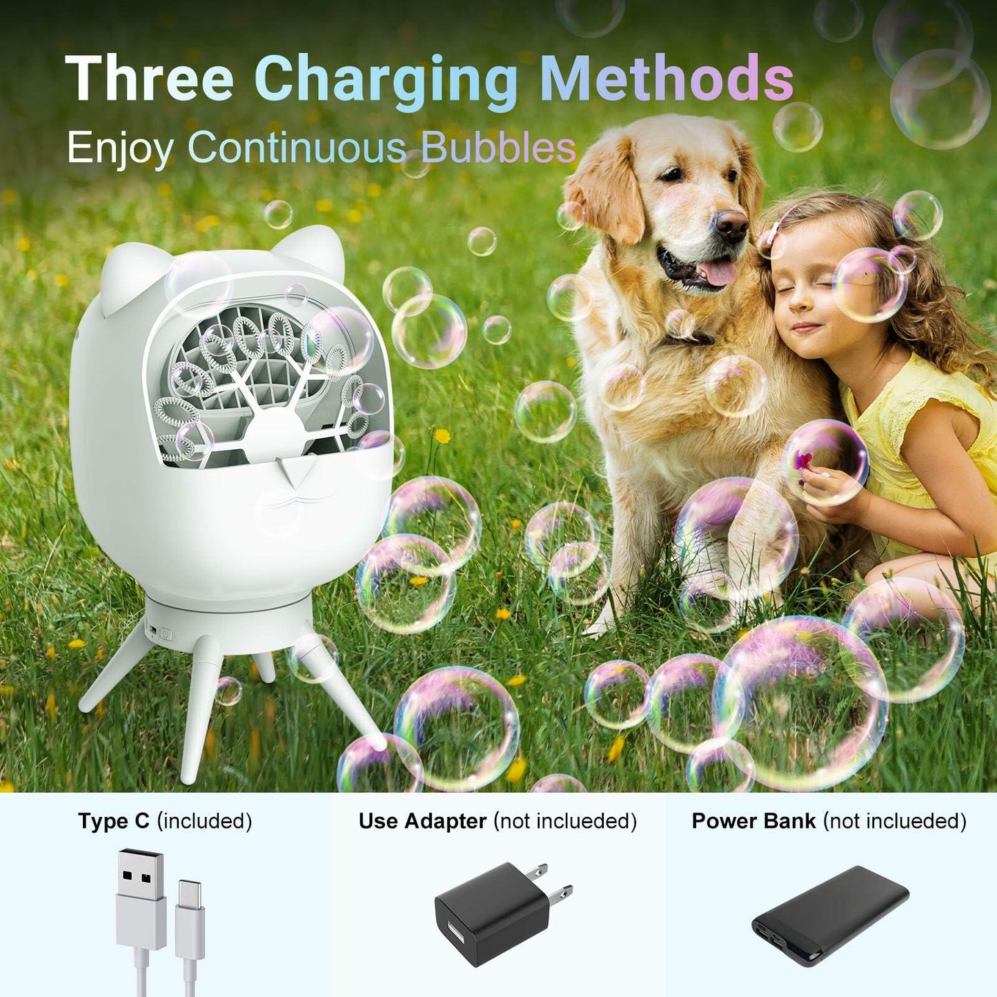 UckPure Rechargeable Bubble Machine 180° Rotating 38000 Bubbles/min 500ml White