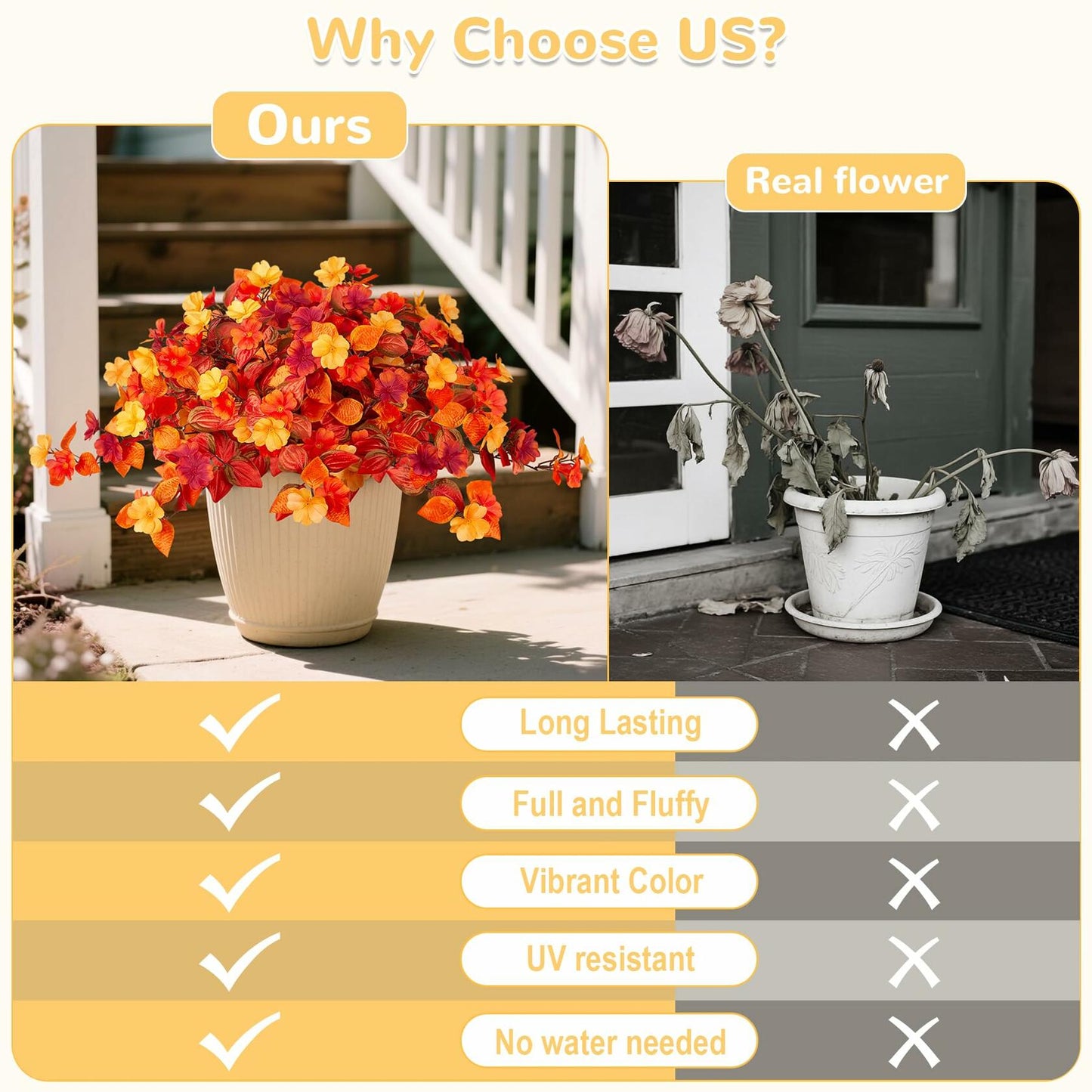 INXUGAO Artificial Fall Flowers 2PCS Faux Silk Orange Red Yellow UV Resistant