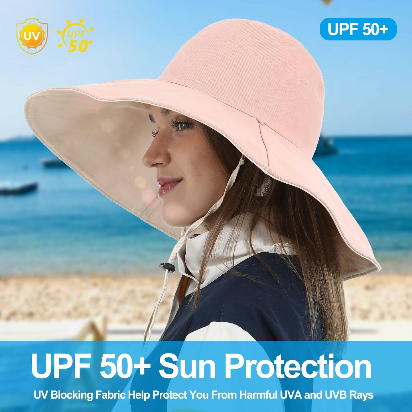 Rulala Fancy Sun Hat Women Wide Brim Reversible UV Protection Cotton Pink