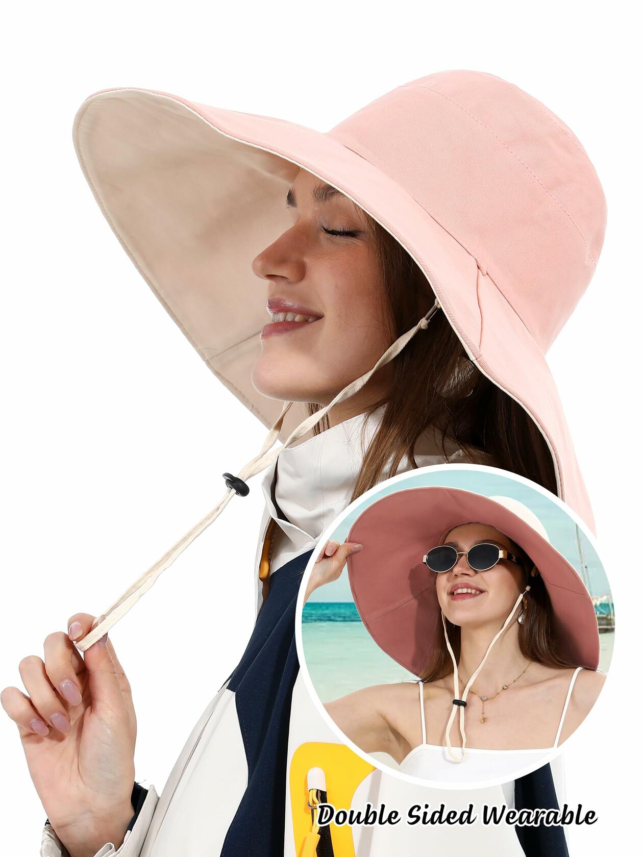 Rulala Fancy Sun Hat Women Wide Brim Reversible UV Protection Cotton Pink