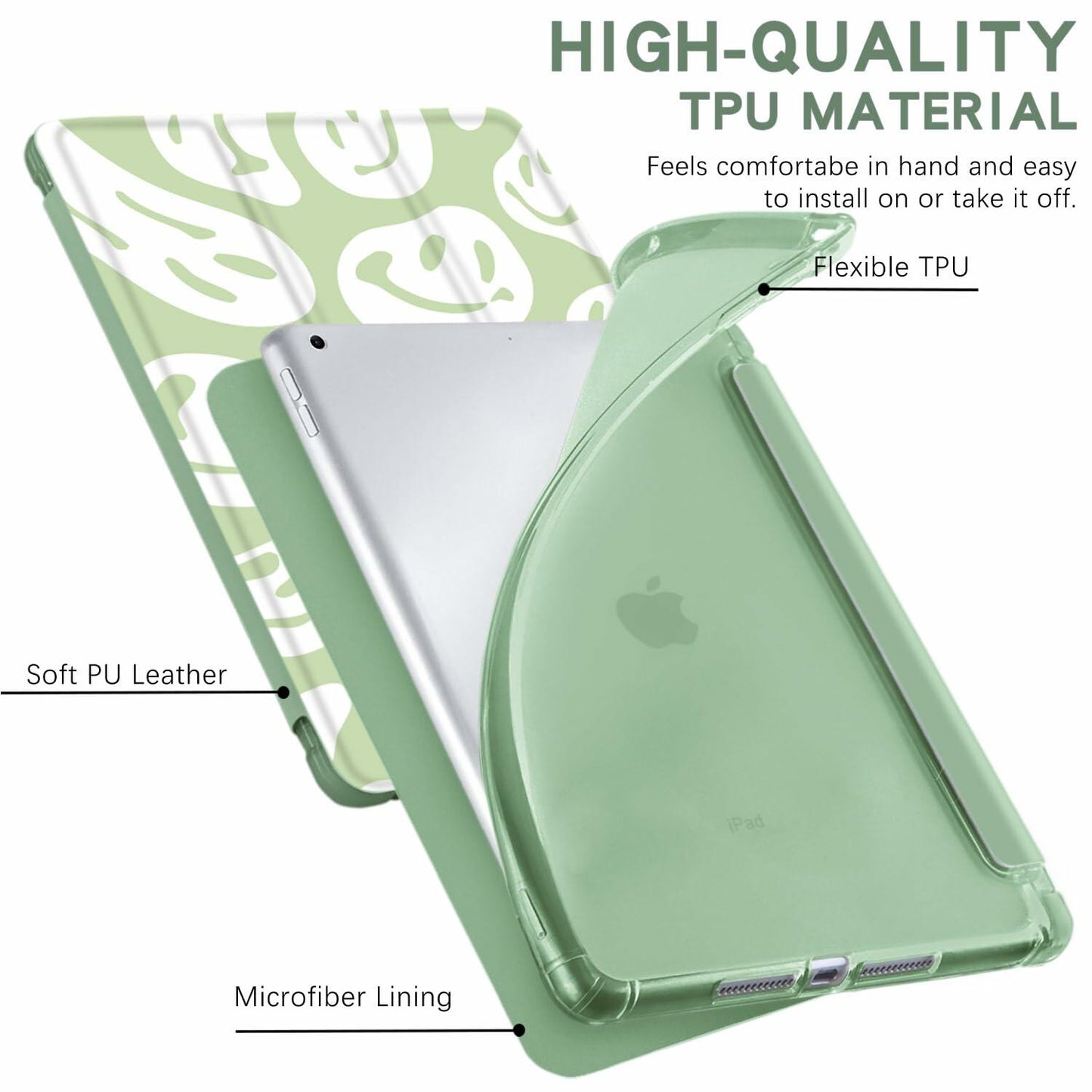 Wihytec iPad 5th/6th Gen Case Green Face Pencil Holder Trifold Stand