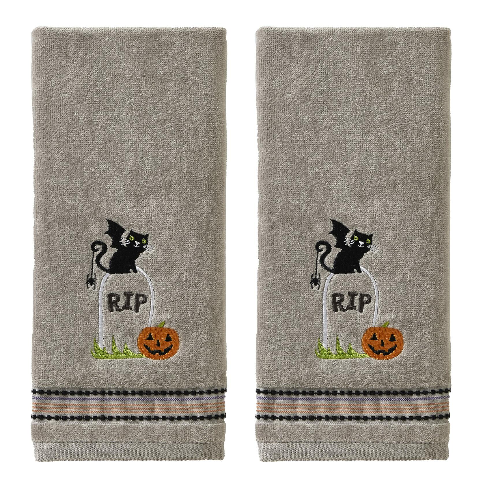 [Like New] SKL Home Halloween Graveyard Cat Hand Towel Set 2pc Gray Small