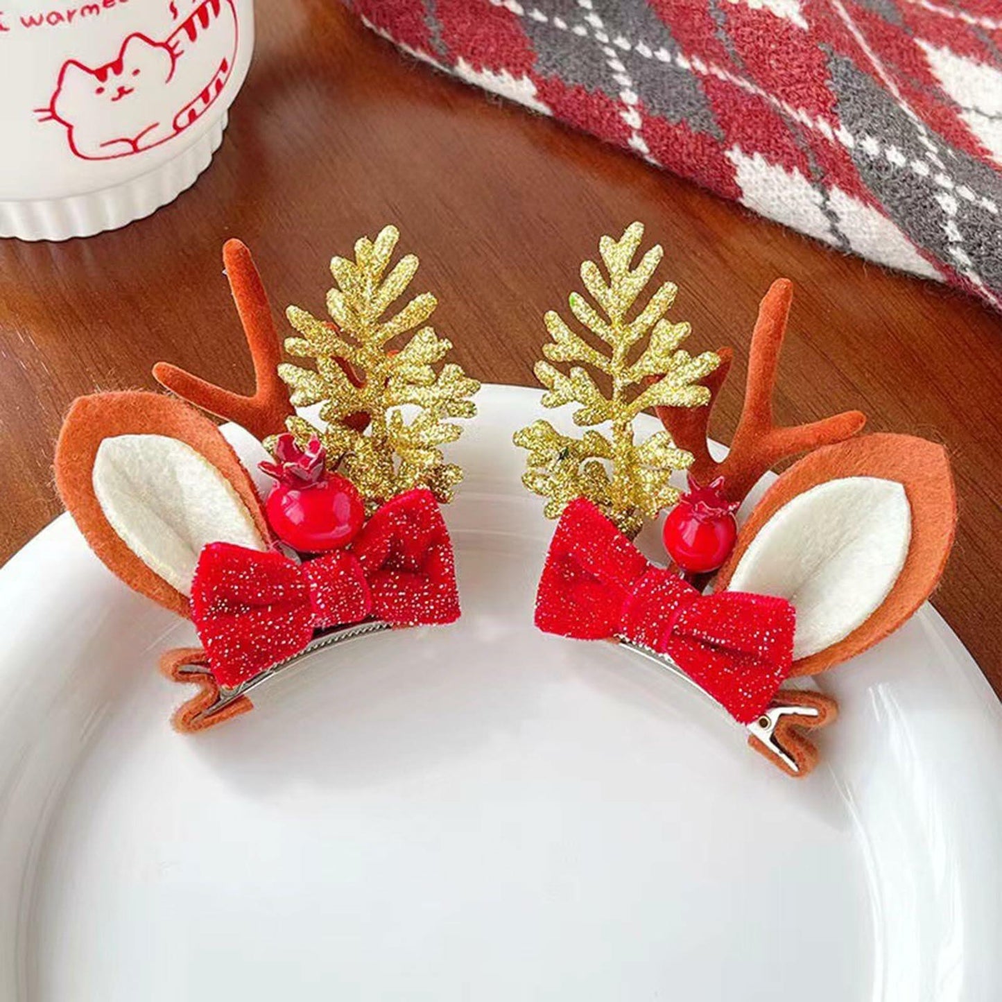 [Like New] Christmas Bow Hair Clips for Girls Red Gold Antler Design 2PCS